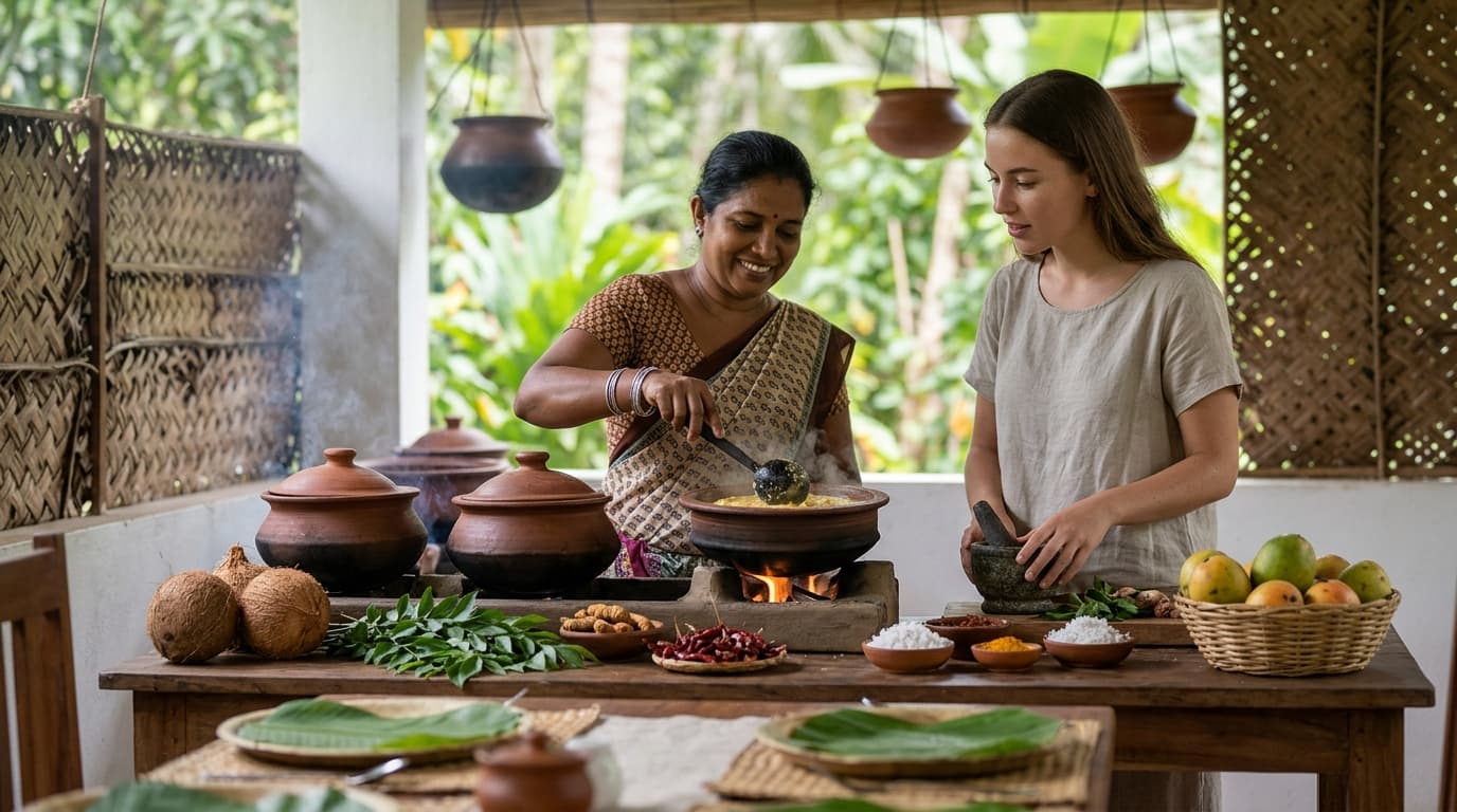 A variety of dishes served with Sri Lankan rice and curry