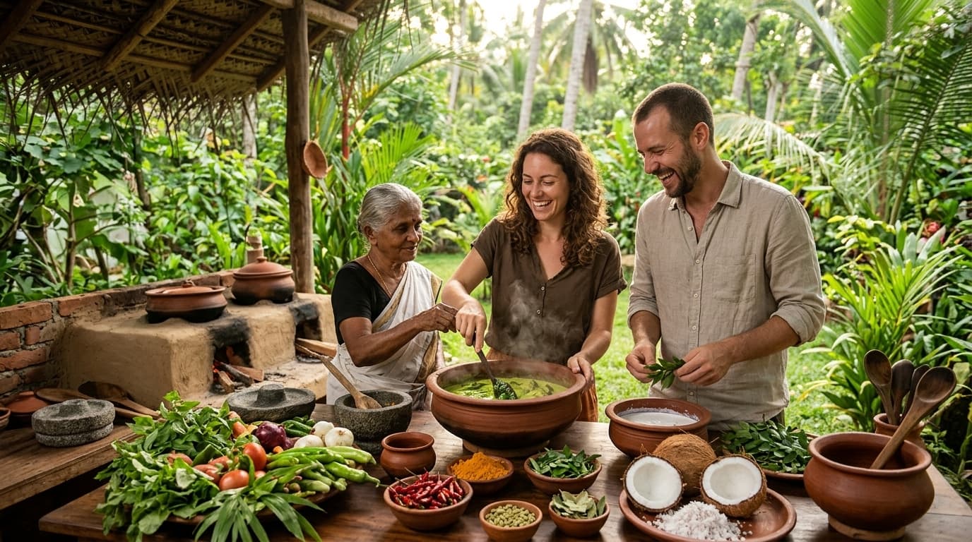 A traditional clay pot cooking over an open fire