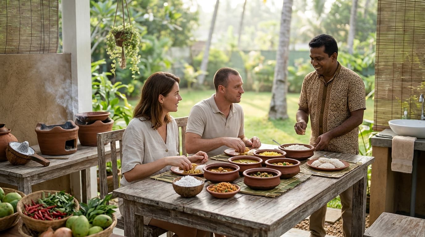 A shared Sri Lankan rice and curry meal